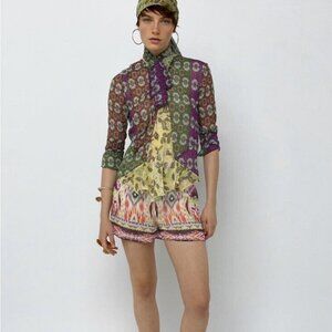 NWT New ZARA Studio Zodiac Printed Shirt With Tie Size XS
